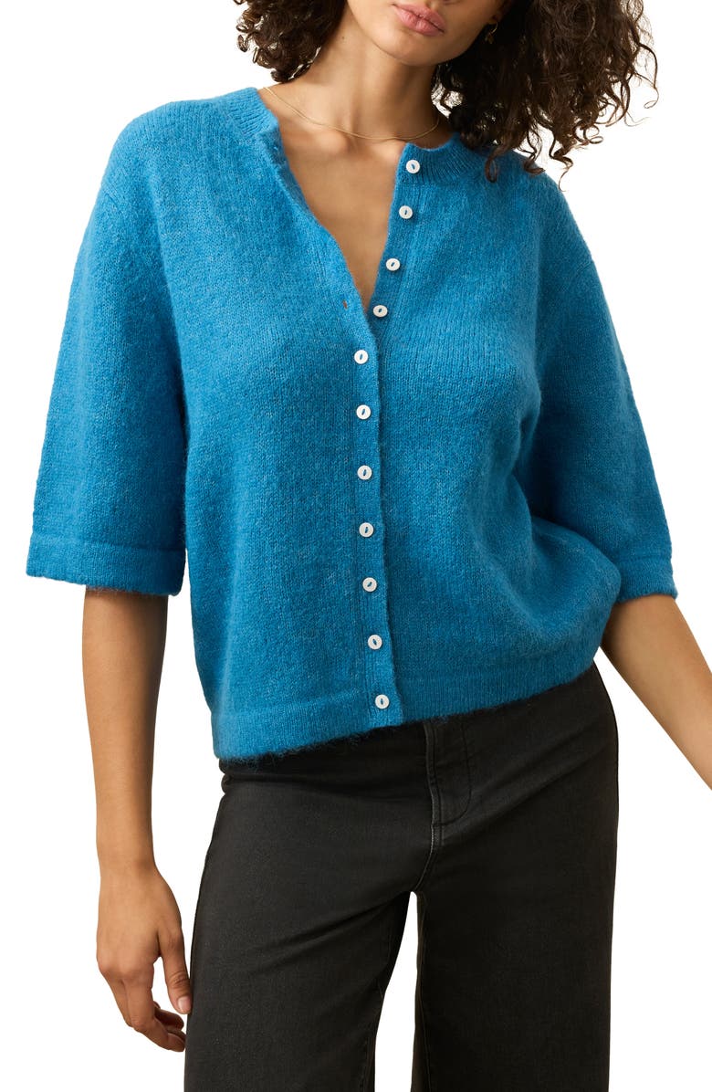 Faherty Apres Elbow Sleeve Alpaca & Pima Cotton Cardigan, Main, color, Blue Lights