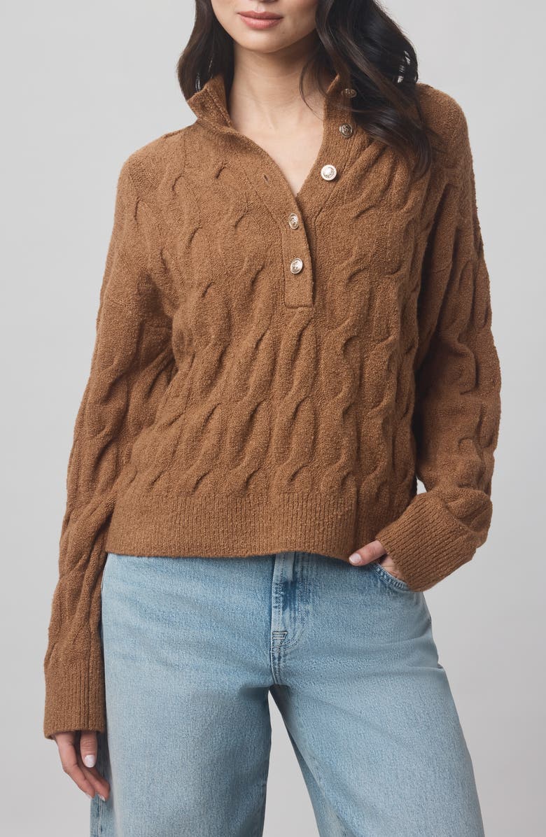 Splendid x @cellajaneblog Cable Half Placket Sweater, Main, color, Caramel