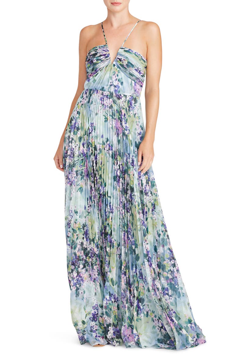 Halter Neck Floral Chiffon Gown, Main, color, PAINTED BOUQUET