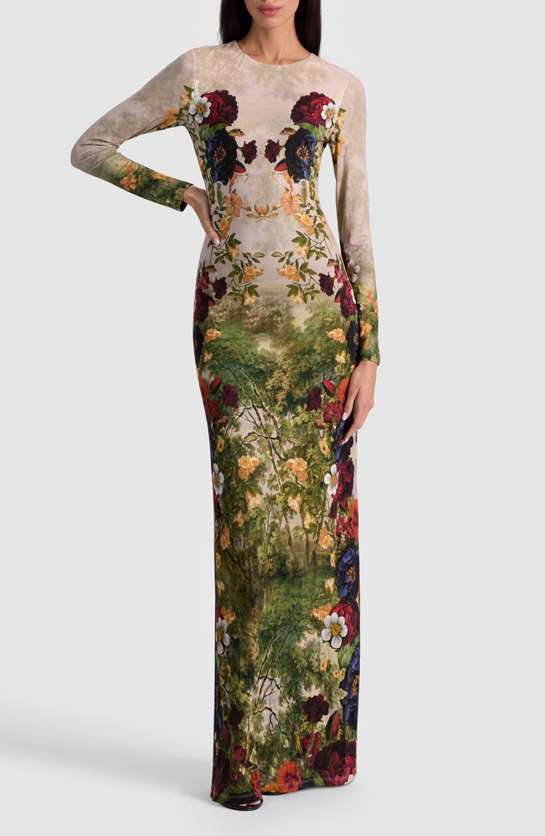 Alice + Olivia Delora Floral Long Sleeve Maxi Dress, Main, color, Forbidden Forest
