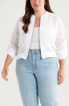 Caslon® Embroidered Eyelet Cotton Zip-Up Bomber Jacket