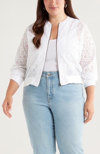 Caslon ® Embroidered Eyelet Cotton Zip-up Bomber Jacket In White