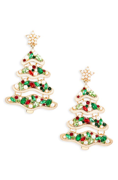 Embellished Christmas Tree Drop Earrings