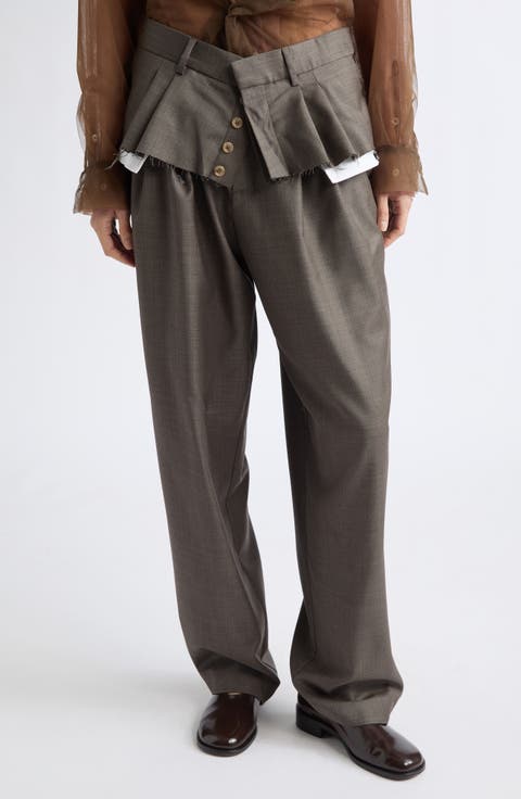 Torn Basque Wide Leg Pleated Wool Blend Trousers