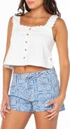 Roxy Hazy Hyacinth Lace Trim Pintuck Crop Cotton Top