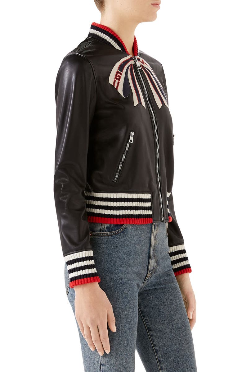 Gucci Trompe l'Oeil Bow Nappa Leather Bomber Jacket, Alternate, color, 
