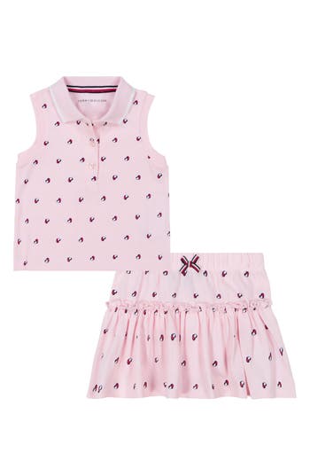 Tommy Hilfiger Logo Heart Sleeveless Polo & Skirted Bloomers Set In Pink