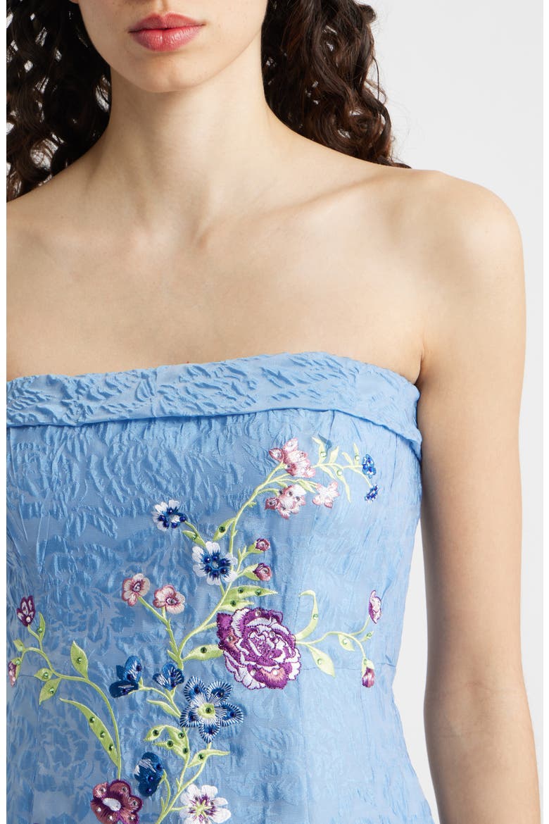 Rhinestone Floral Embroidery Strapless Floral Jacquard Cocktail Dress, Alternate, color, RIVERSIDE BLUE
