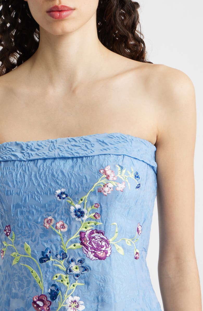 Tahari ASL Rhinestone Floral Embroidery Strapless Floral Jacquard Cocktail Dress, Alternate, color, Riverside Blue