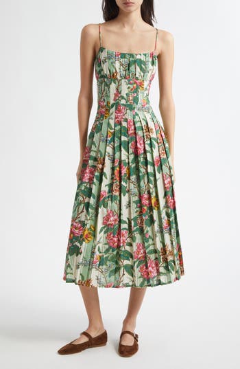 Mille Tully Floral Pleated Cotton Midi Sundress In Green