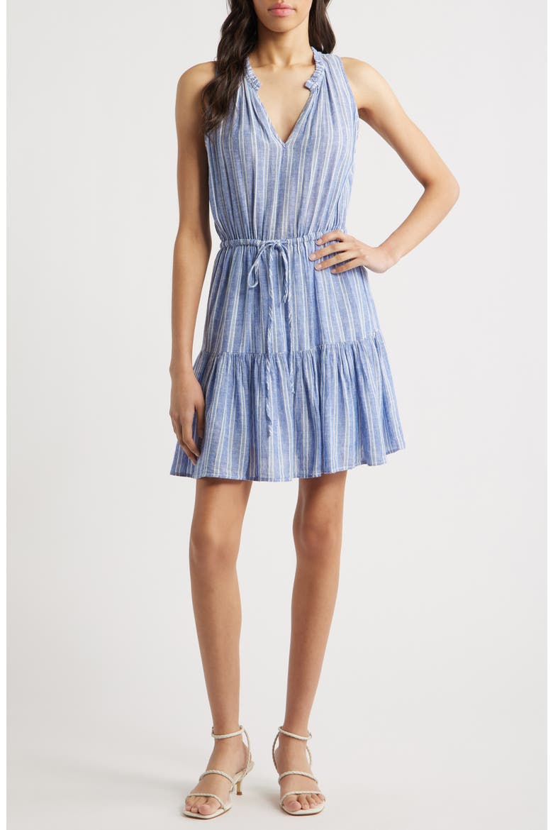 Albany Stripe Tiered Linen Blend Dress, Main, color, LAKE VIEW STRIPE