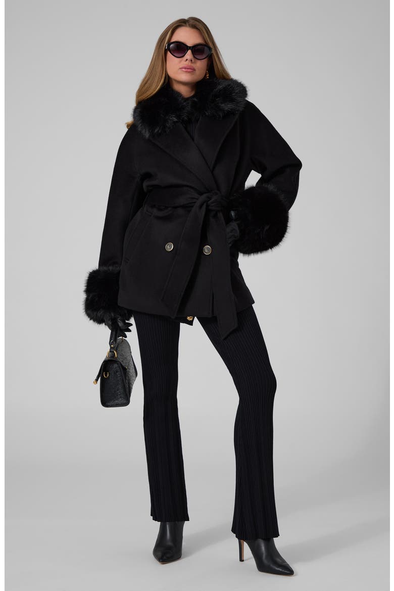 Sophy Wool Double Breasted Coat with Faux Fur Trim, Alternate, color, JBLACK-BLACK
