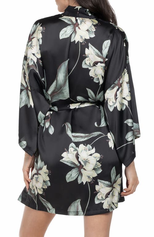 Midnight Bakery Floral Belted Satin Wrap In Black