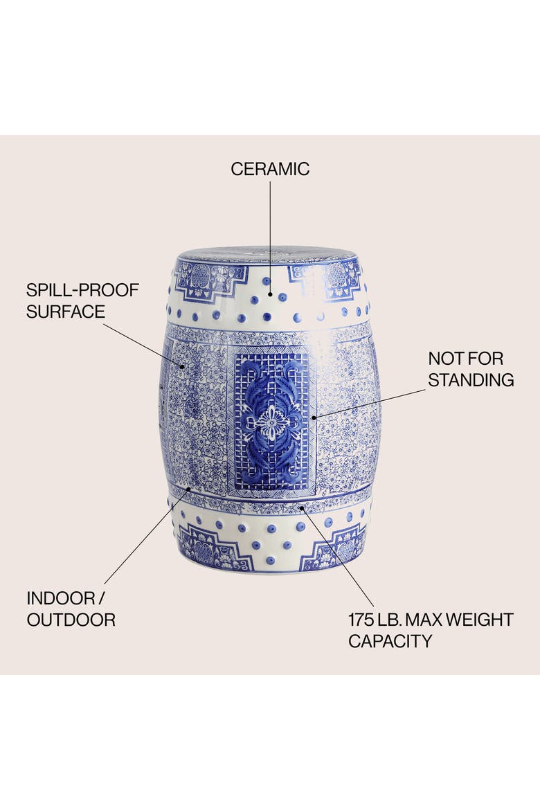 Acanthus Traditional Floral Chinoiserie Ceramic Drum Garden Stool, Pierced Indoor/Outdoor Patio Seat & Side Table, Alternate, color, Blue/White
