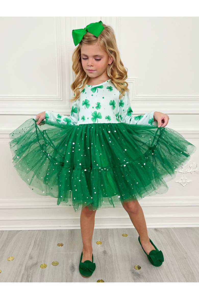 My Lucky Girl Clover Print Tutu Dress, Alternate, color, Green