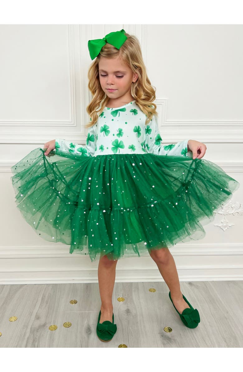 Mia Belle Girls My Lucky Girl Clover Print Tutu Dress, Alternate, color, Green