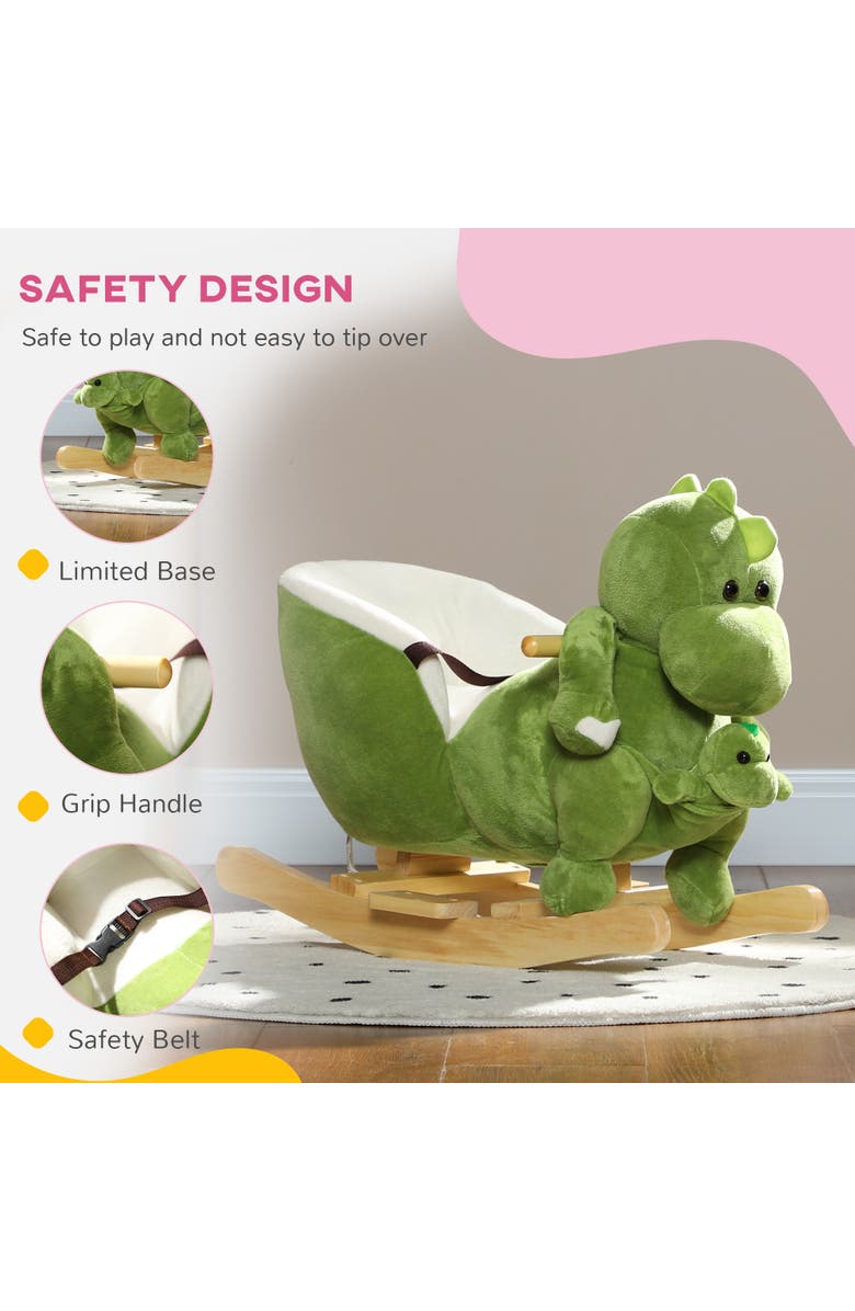 Qaba Toddler Plush Rocking Dinosaur, Seat Belt, 32 Songs, Hand Puppet, Alternate, color, Green