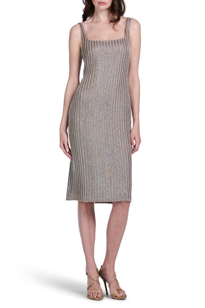 Crystal Stripe Cocktail Sheath Midi Dress, Main, color, DIAMOND