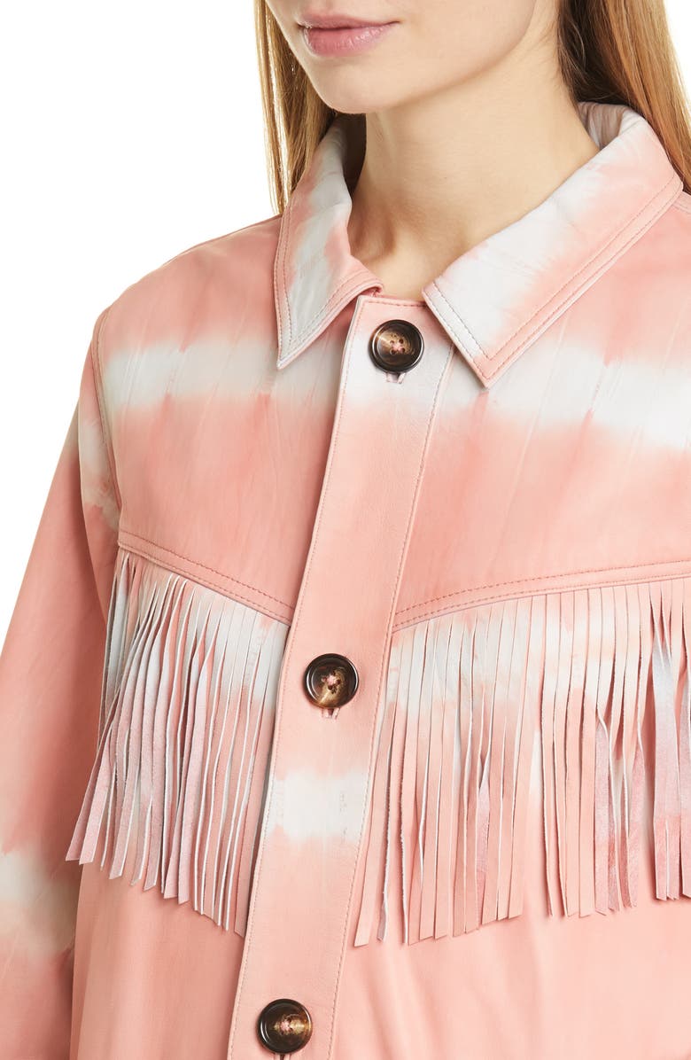 Sea Zelda Tie Dye Fringe Trim Leather Jacket, Alternate, color, 