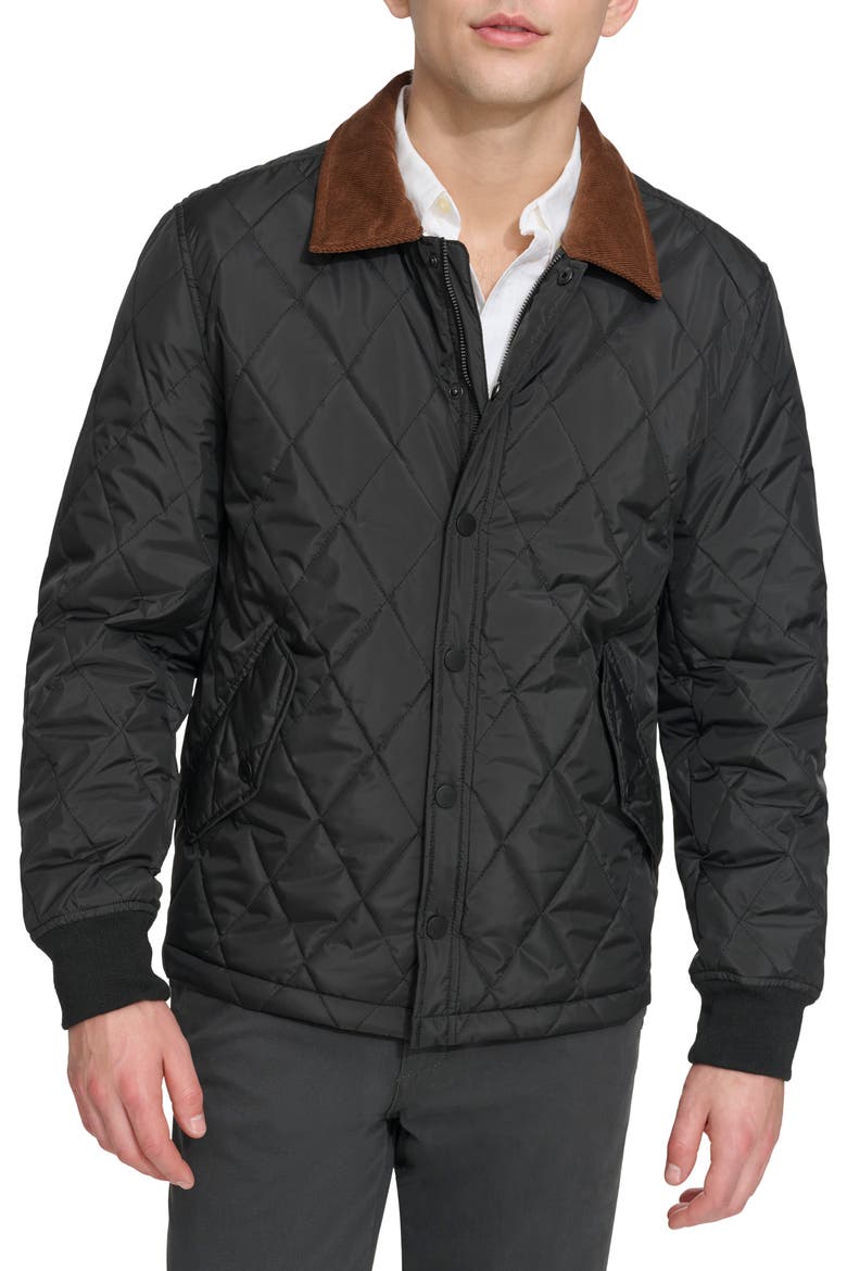 Quilted Water Resistant Corduroy Collar Bomber, Main, color, BLACK