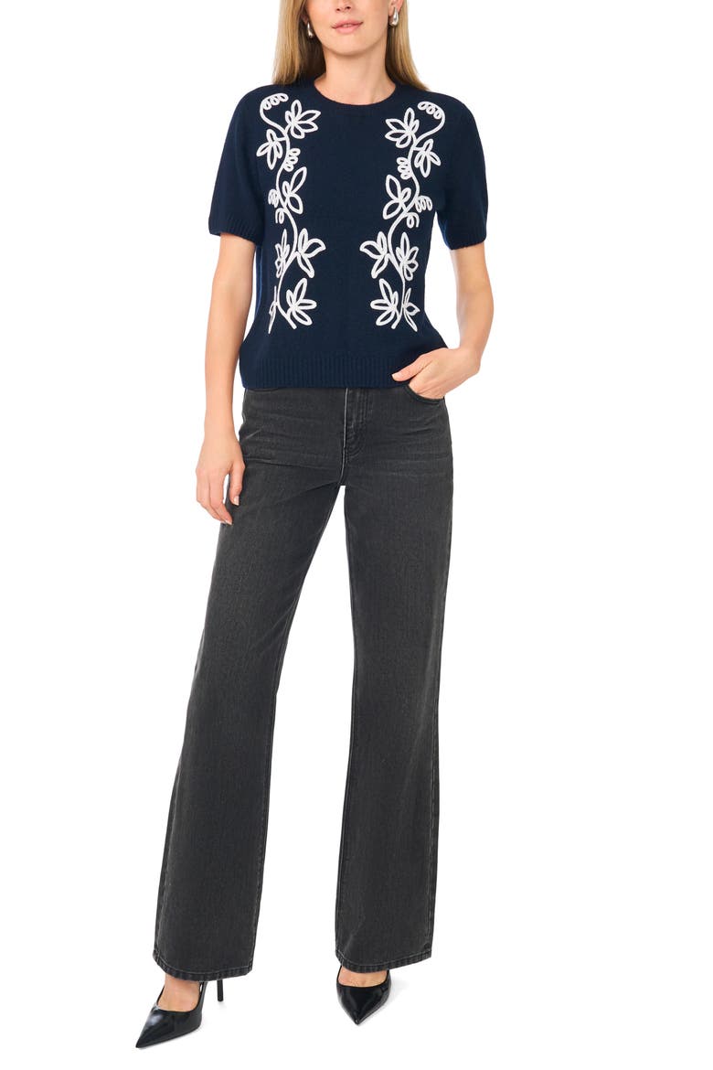 Embroidered Short Sleeve Crewneck Sweater, Alternate, color, NOT SO NAVY