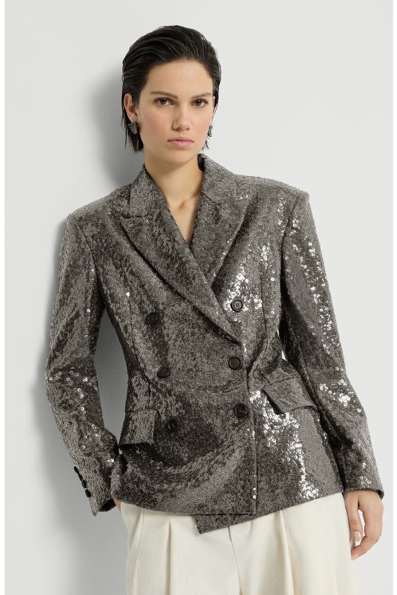 Dazzling texture embroidery blazer in virgin wool flannel, Alternate, color, Dark Grey