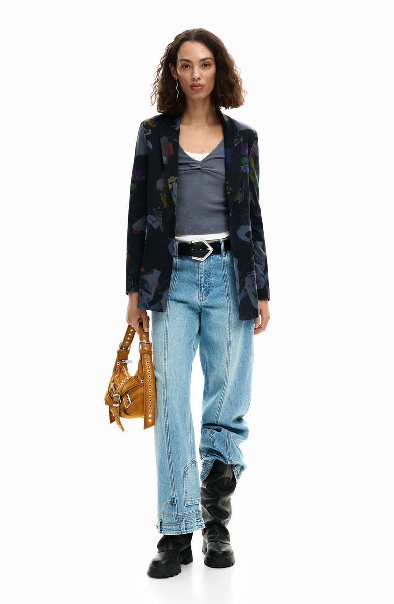 Desigual Graphic Floral Print Single Breasted Blazer, Alternate, color, Black