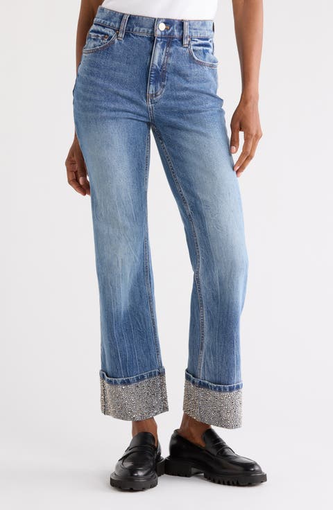 Chic Embellished Cuffed Ankle Jeans (Brooklyn Blue)
