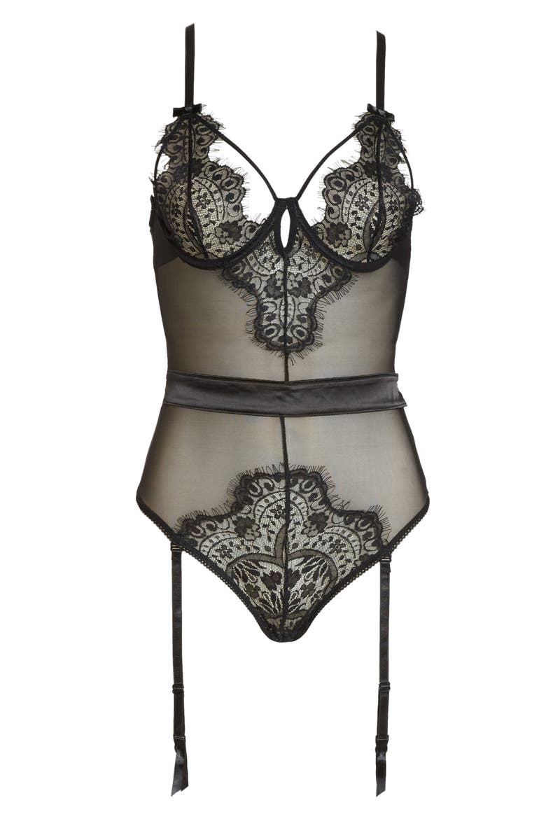 Eyelash Lace Thong Teddy, Alternate, color, BLACK