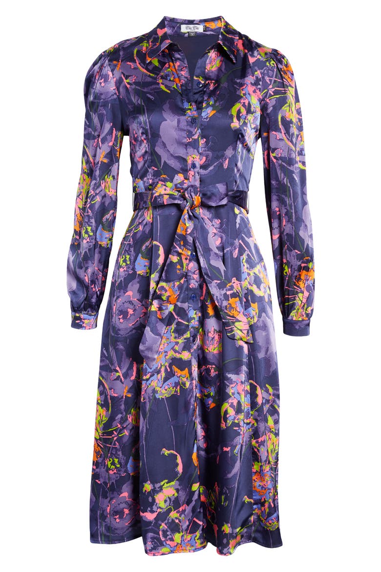 Neon Floral Long Sleeve Tie Waist Shirtdress, Alternate, color, NAVY