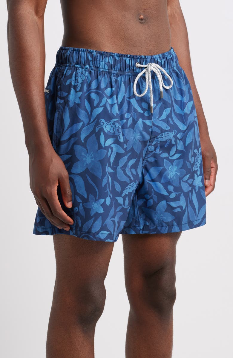 Vintage Summer Floral & Turtle Print Water Repellent Stretch Volley Swim Trunks, Alternate, color, Navy