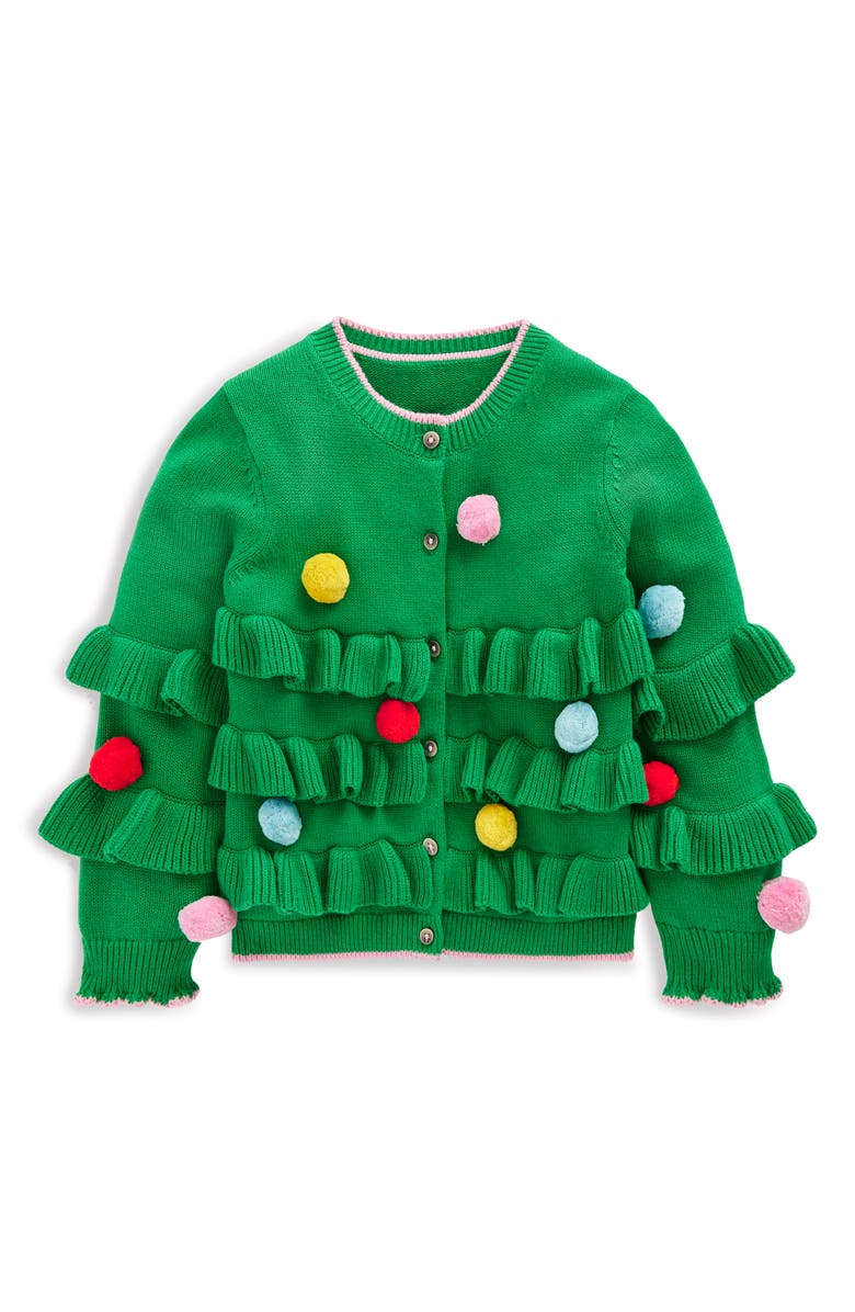 Mini Boden Kids' 3D Fringe Cotton Cardigan, Main, color, Jewel Green Christmas Tree