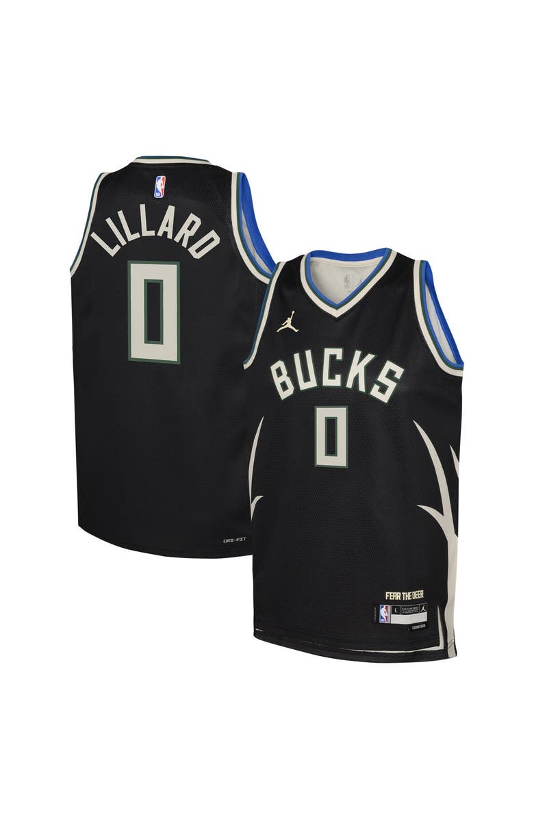 Jordan Brand Youth Jordan Brand Damian Lillard Black Milwaukee Bucks Swingman Jersey - Statement Edition, Main, color, 