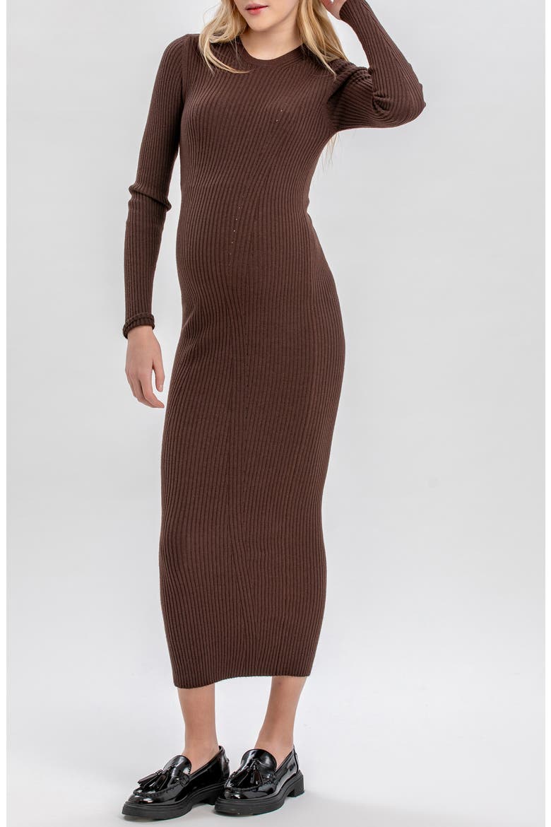 Stella Long Sleeve Rib Body-Con Maternity Dress, Main, color, MOKA