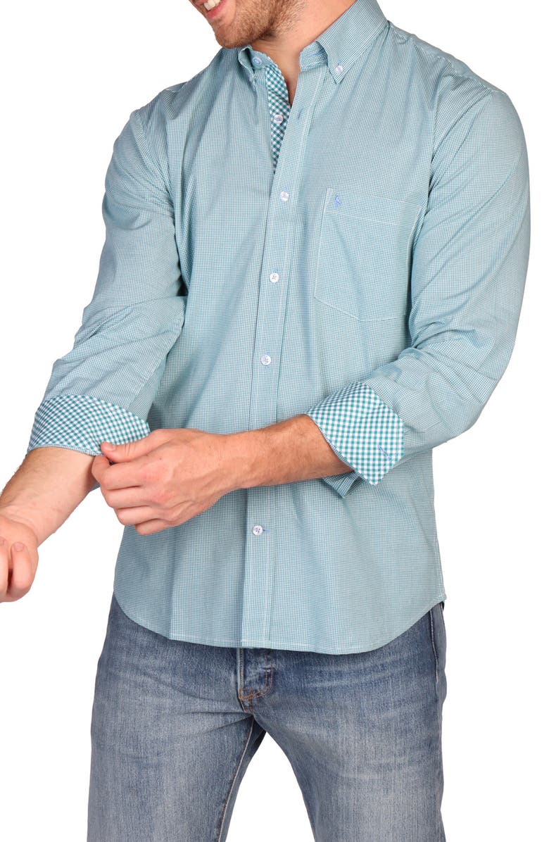 TailorByrd Signature Gingham Print Performance Button Down Shirt, Alternate, color, Teal