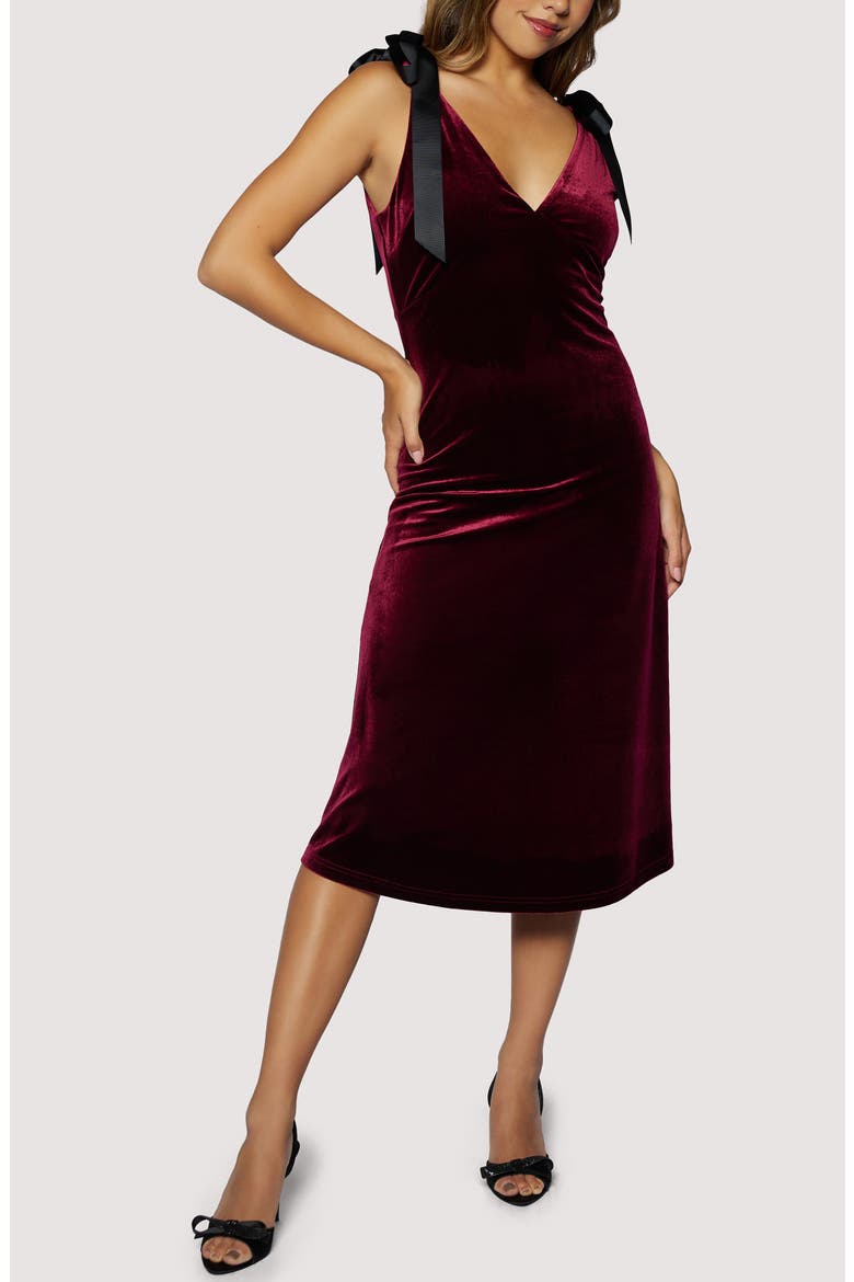 Adorned Virtue Bow Detail Velvet Midi Dress, Main, color, PLUM