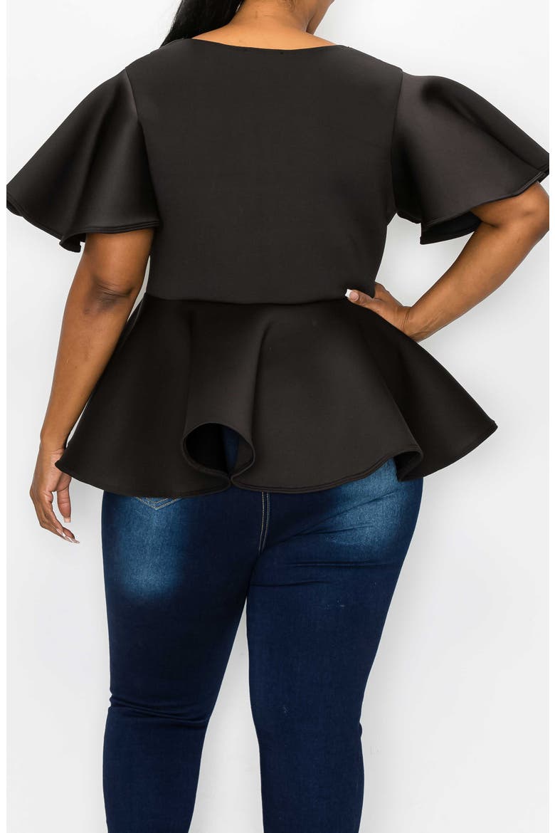 Siobhan Flutter Sleeve Scuba Knit Peplum Top, Alternate, color, BLACK