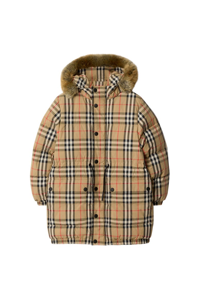 Faux Fur Trim Check Nylon Puffer Coat, Main, color, Sand beige