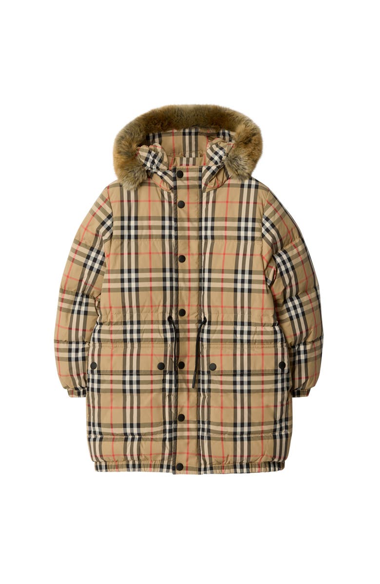 Burberry Faux Fur Trim Check Nylon Puffer Coat, Main, color, Sand Beige