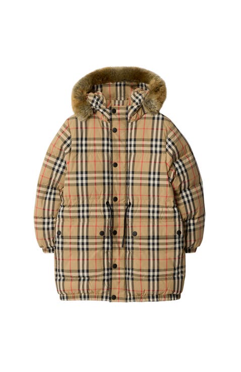 Faux Fur Trim Check Nylon Puffer Coat