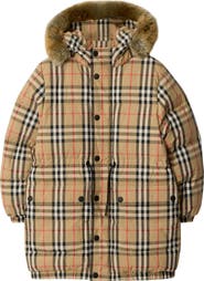 Burberry Faux Fur Trim Check Nylon Puffer Coat