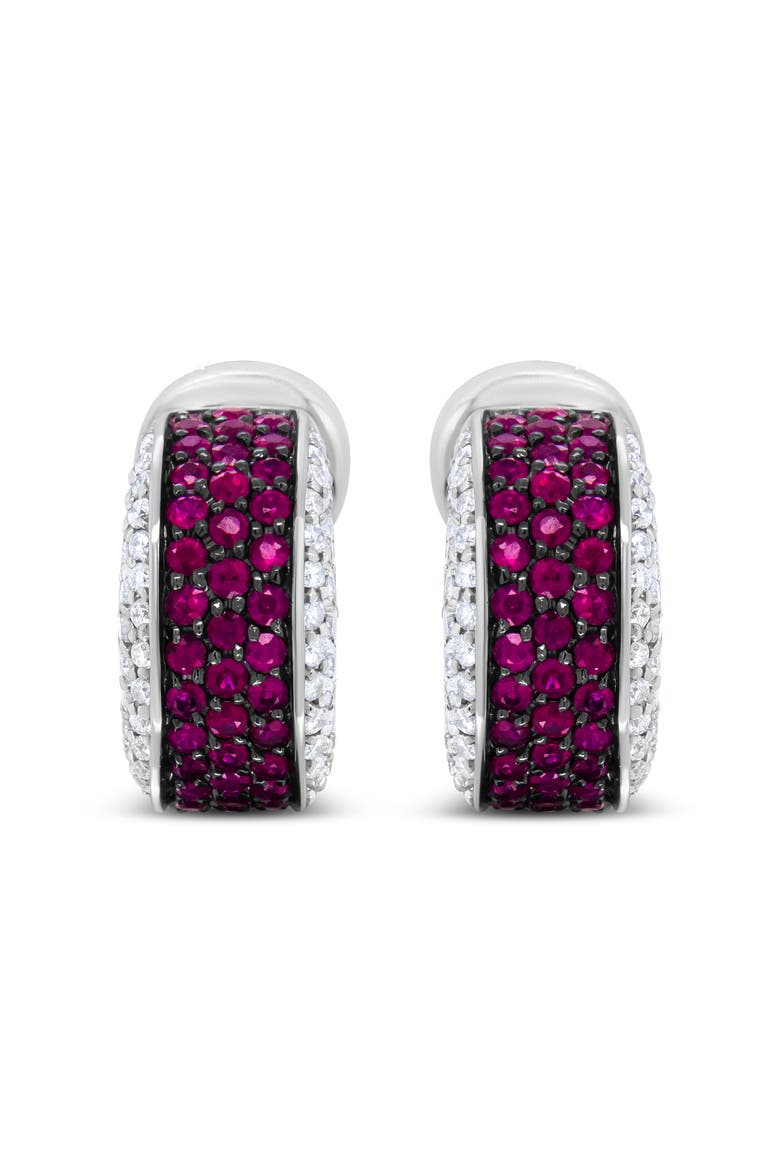18K Gold & Black Rhodium Plated 3/4 Ctw Diamonds & Red Ruby Huggie Hoop Earrings, Alternate, color, White