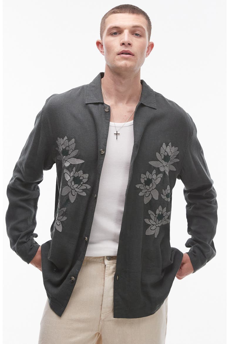 Floral Embroidered Linen Blend Button-Up Shirt, Main, color, MEDIUM GREEN