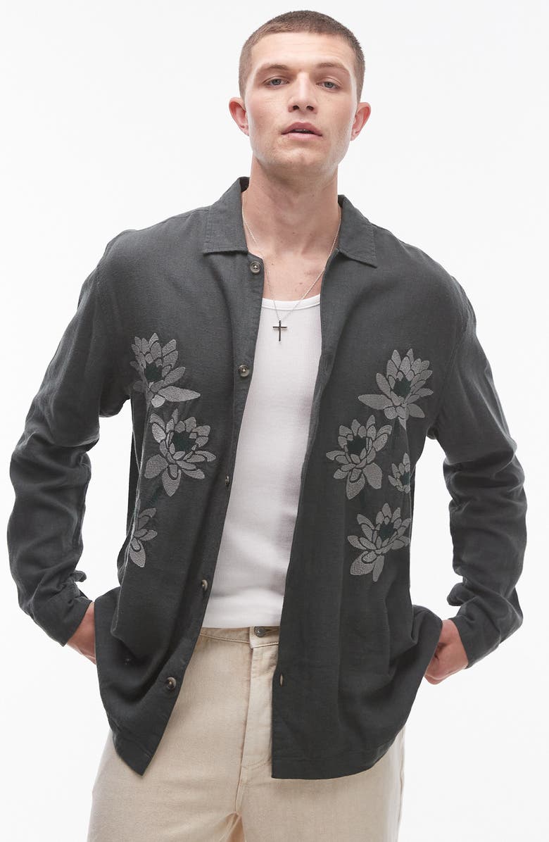 Topman Floral Embroidered Linen Blend Button-Up Shirt, Main, color,