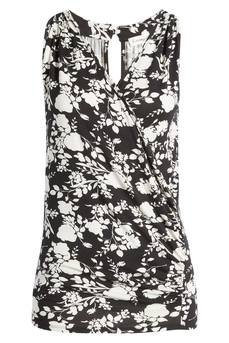 Print Faux Wrap Tank, Alternate, color, BLACK/ IVORY