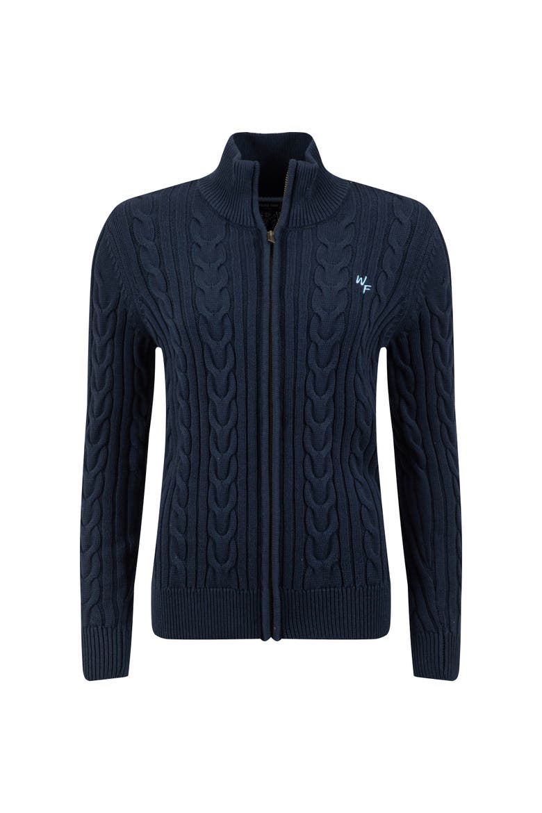 Lunenne Full Zip Cable Knit Cardigan, Alternate, color, Navy