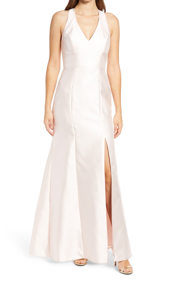 Alfred Sung Halter Satin Trumpet Gown, Main, color, Blush