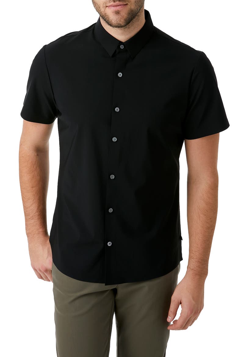 American Me Slim Fit Short Sleeve Button-Up Performance Shirt, Main, color, BLACK