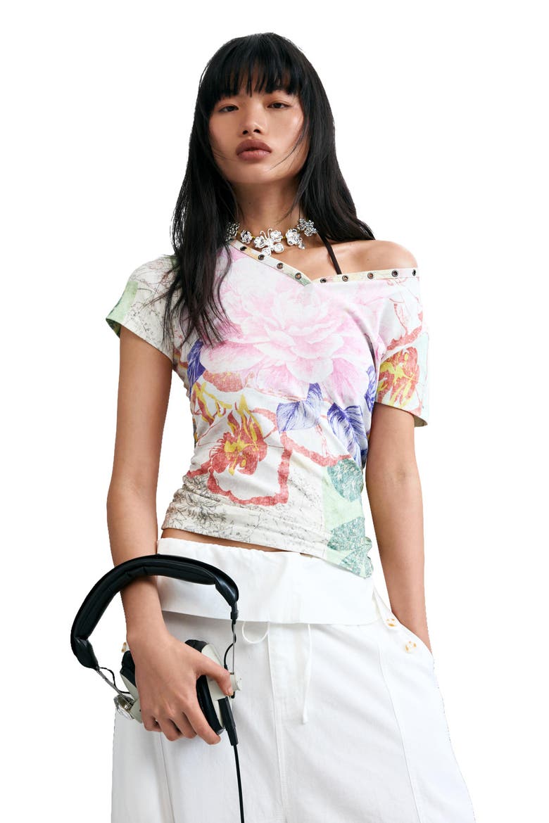 Floral V-Neck Cotton Jersey Top, Alternate, color, MULTI