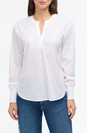 Ellen Tracy Voile Embroidered Cotton Popover Top In White